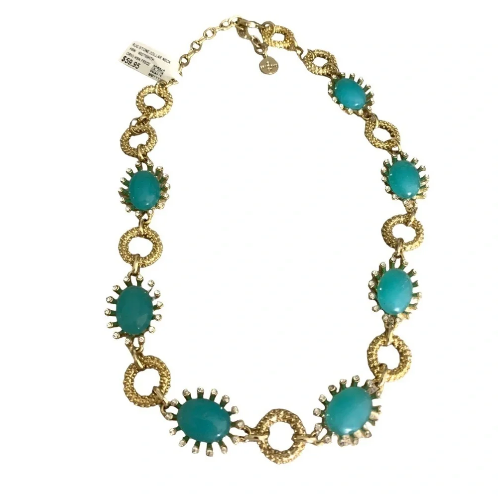 RJ Graziano Textured Gold Tone Rhinestone and Turquoise Necklace
